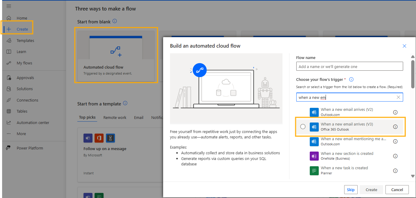 UI-Bildschirm mit den Schritten zum Erstellen eines automatisierten Cloud-Flows in Power Platform. Die Optionen „Erstellen“ und „Wenn eine neue E-Mail eintrifft“ sind hervorgehoben.