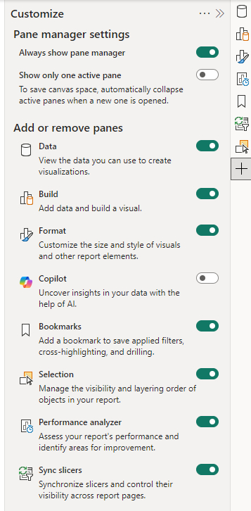 Screenshot der Benutzeroberfläche mit Anpassungseinstellungen für Fensterverwaltung, Datenansichten, Visualisierungen, Lesezeichen, Leistung und Copilot.