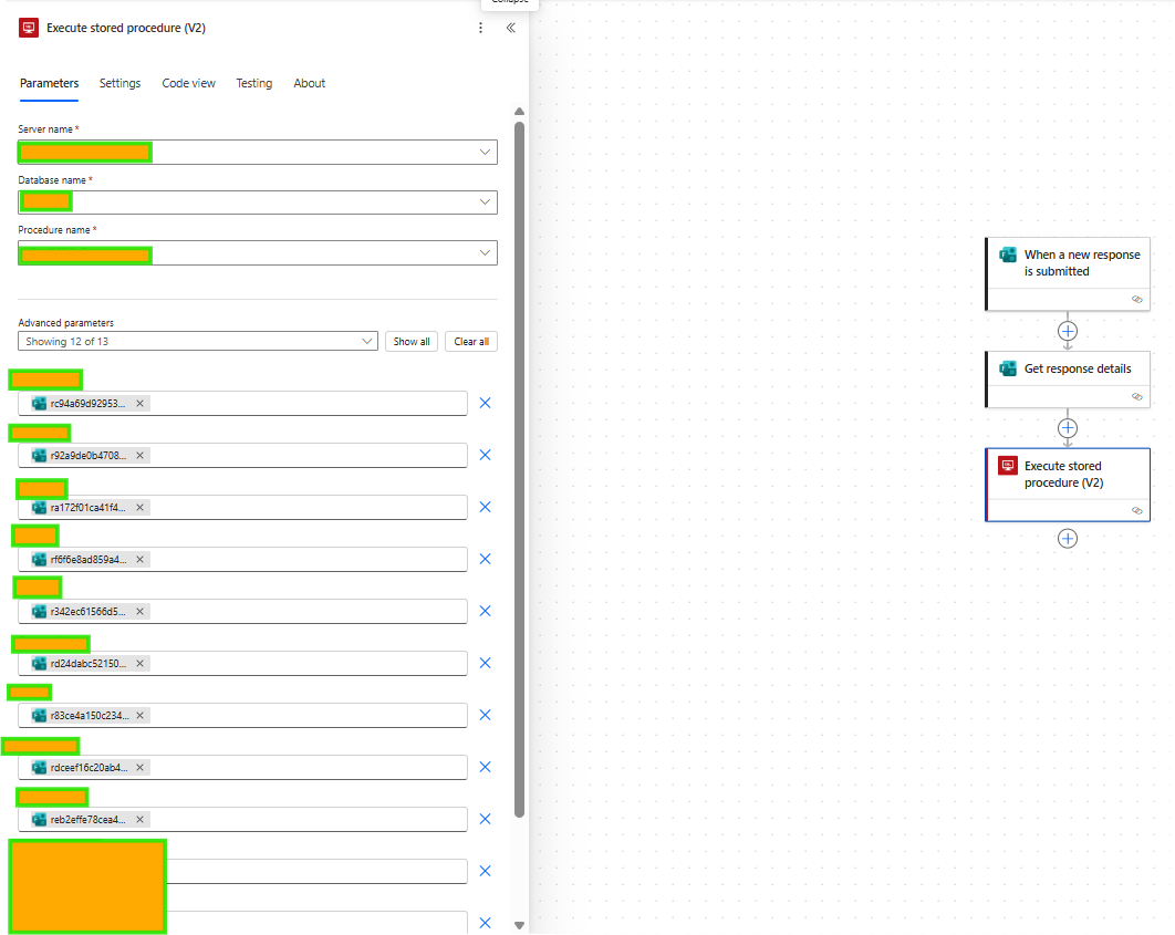 Execute stored procedure interface with parameters listed. Workflow on the right shows steps: response submission, detail retrieval, execution.
