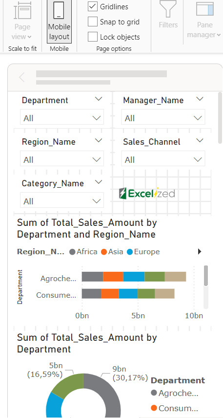 Dashboard mit Dropdown-Menüs für Abteilung, Manager und Region. Balken- und Kreisdiagramme zeigen Verkaufsdaten nach Region und Abteilung. Excel-Logo.
