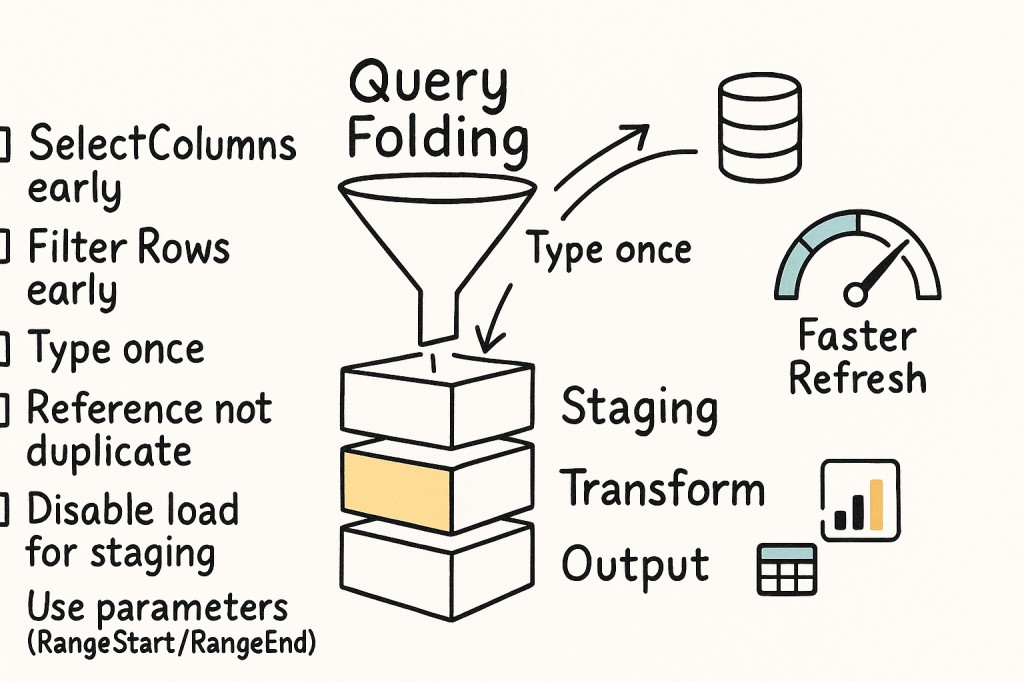 Diagramm, das „Query Folding“ mit einem Trichter zeigt, der zu Datenbanken mit den Bezeichnungen „Staging“, „Transform“ und „Output“ führt. Tipps zur Effizienzsteigerung finden Sie links.