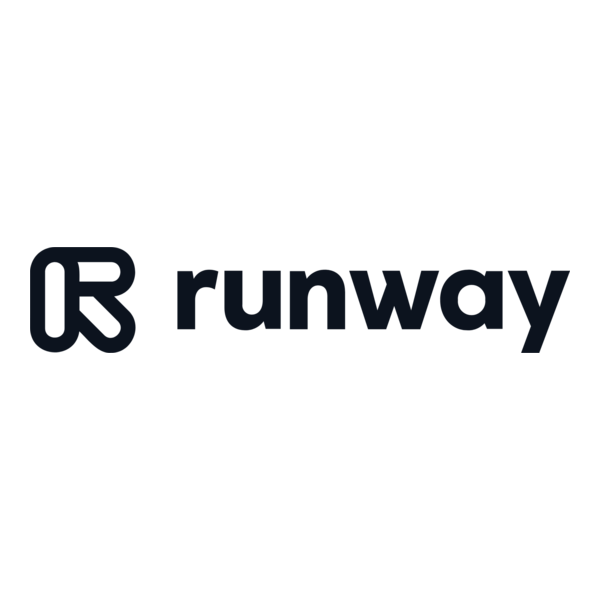 Crni tekst "runway" sa stiliziranim logotipom "R" na bijeloj pozadini, stvara elegantan, moderan izgled.