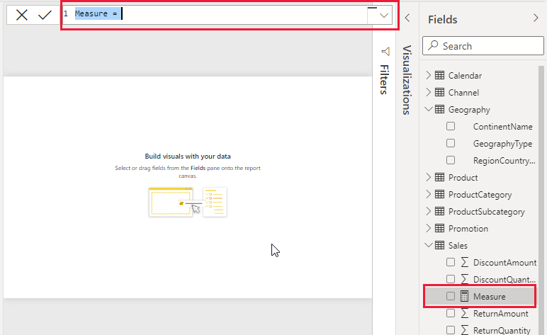 Power BI interface showing "Measure =" formula bar, field options on the right, and "Build visuals with your data" message on a white background.