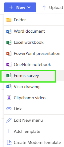 A digital menu highlights "Forms survey" in green within a dropdown list of Microsoft Office options, including Word and Excel.