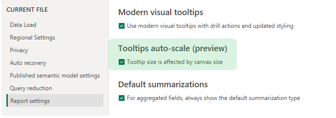 Einstellungsmenü mit Optionen für moderne visuelle Tooltips und Standardzusammenfassungen, mit Kontrollkästchen und grüner Hervorhebung bei „Tooltips automatisch skalieren“.