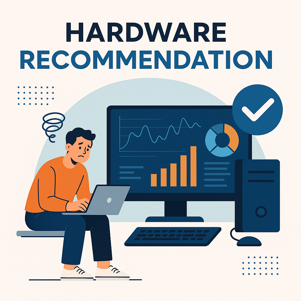 Person with laptop looks worried. Graphs on monitor suggest data analysis. Text says "Hardware Recommendation." Blue, orange colors.