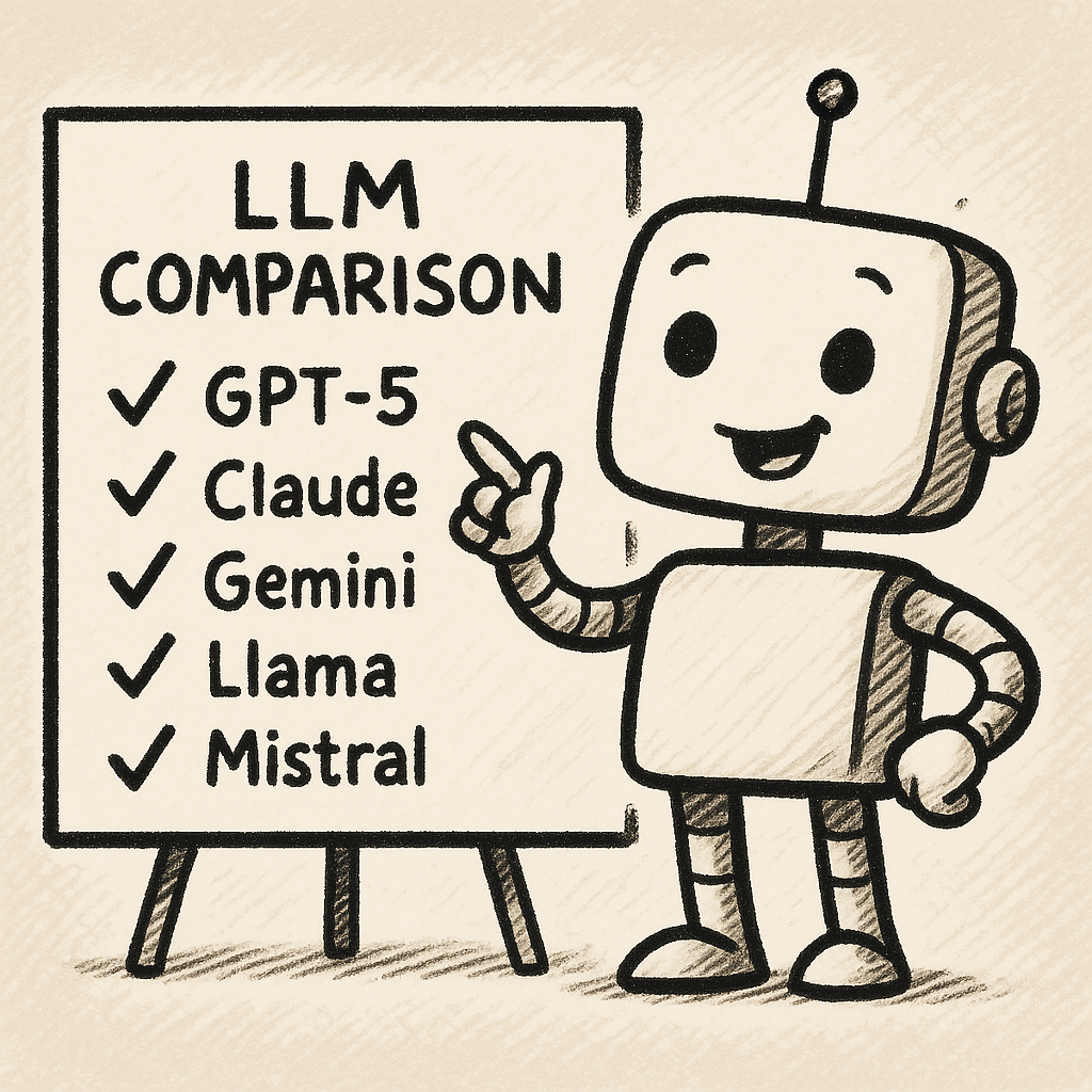 Ein lächelnder Roboter zeigt auf eine Tafel mit der Überschrift „LLM-Vergleich“ mit markierten Elementen: GPT-5, Claude, Gemini, Llama, Mistral. Schwarz-Weiß-Skizze.