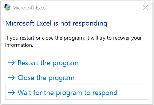Excel error message: "Microsoft Excel is not responding." Options to restart, close, or wait for response. White background, blue text.
