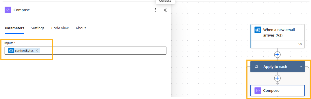 Flussdiagramm zur E-Mail-Automatisierung mit den Schritten „Beim Eintreffen einer neuen E-Mail (V3)“ und „Auf alle anwenden“ führt zu „Verfassen“. Text „contentBytes“ hervorgehoben.