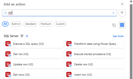Search bar with "sql" typed, showing SQL Server actions like Execute SQL query and Update row. Interface has blue and red icons.