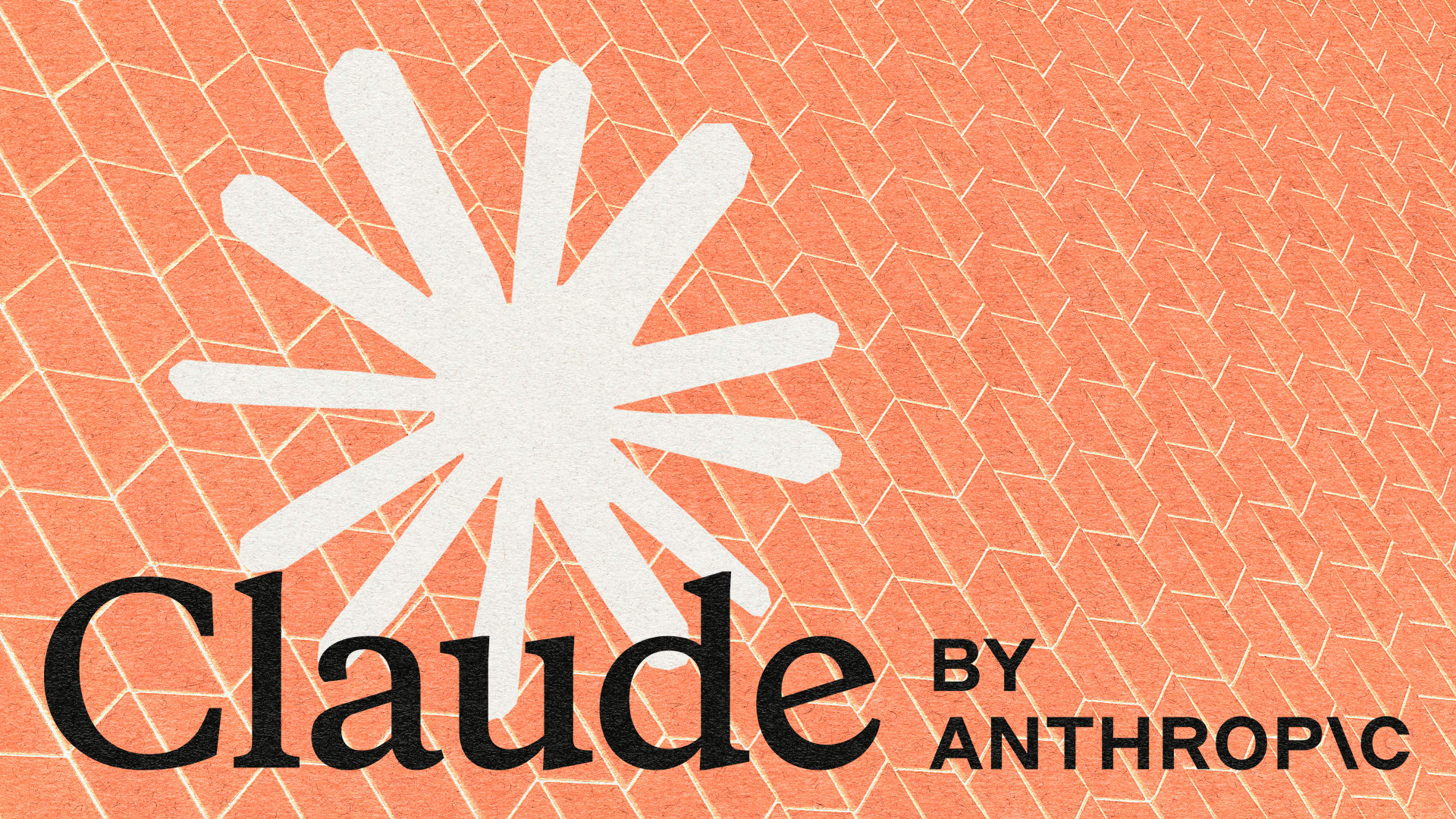 Bijeli zvjezdani sjaj na narandžastoj geometrijskoj pozadini. Tekst "Claude by Anthropic" crnom bojom. Smion, moderan dizajn.