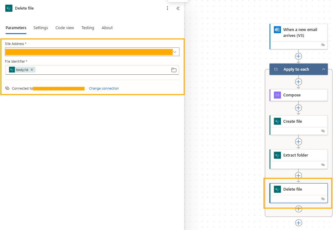 Flussdiagramm-Oberfläche mit den Schritten: E-Mail-Empfang, Verfassen, Datei erstellen, Ordner extrahieren, Datei löschen. Orange und blaue Hervorhebungen mit Textdetails.