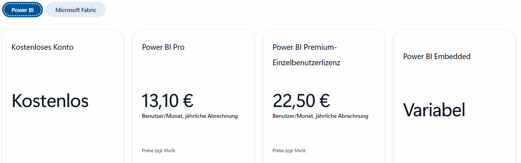 Pricing chart for Power BI options: Free, Pro at €13.10/user/month, Premium at €22.50/user/month, Embedded is variable. Blue button at top.