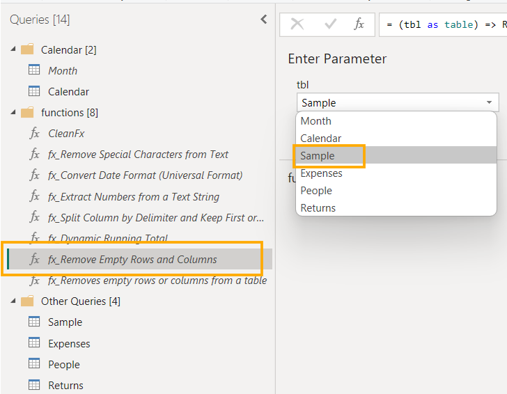 Spreadsheet interface with a dropdown menu selecting "Sample." A function "fx_Remove Empty Rows and Columns" is highlighted in orange.