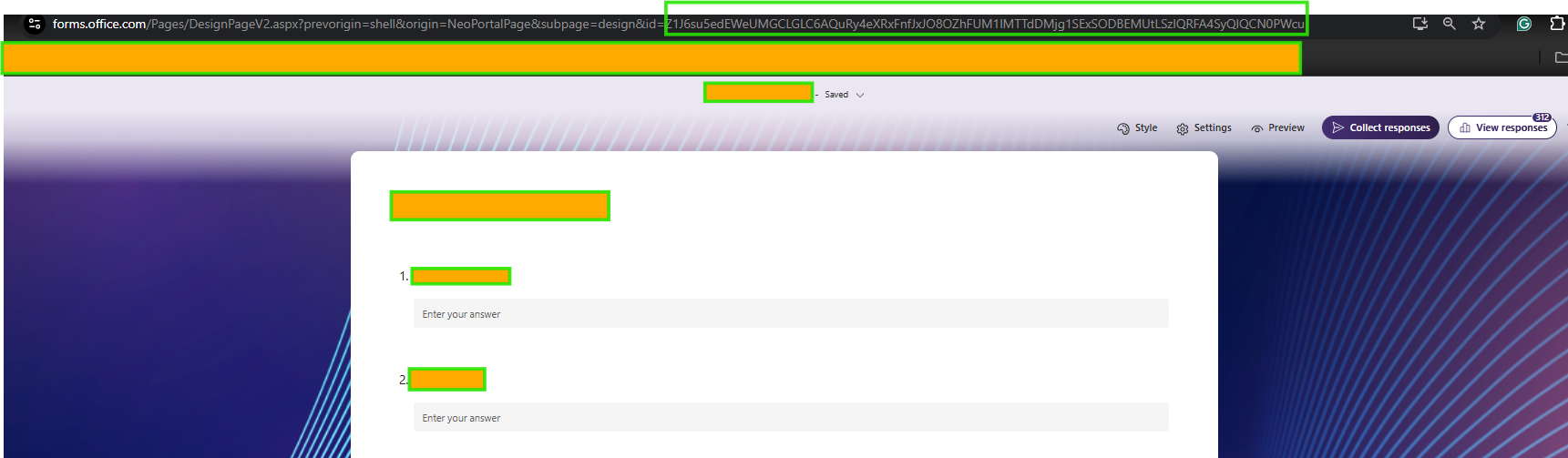 A Microsoft Forms interface with two numbered questions. Background has purple and blue gradient with diagonal lines. Text fields are empty.