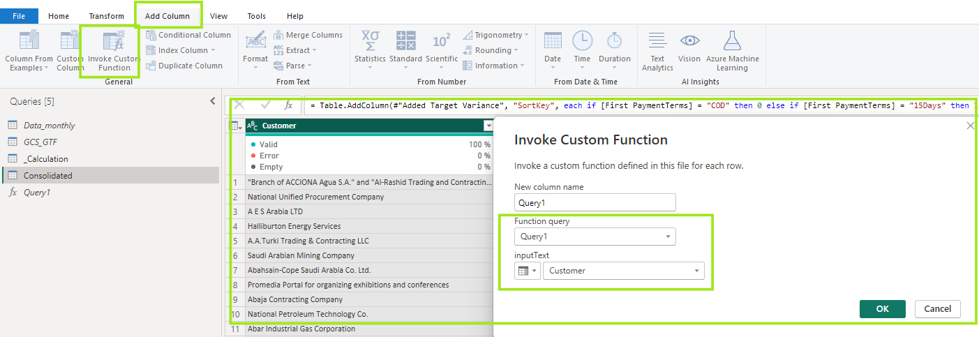 Interfejs za Excel Power Query prikazuje dijalog prilagođene funkcije. Pojavljuje se lista naziva kompanija sa zelenim istaknutim poljem "Pozovi prilagođenu funkciju".