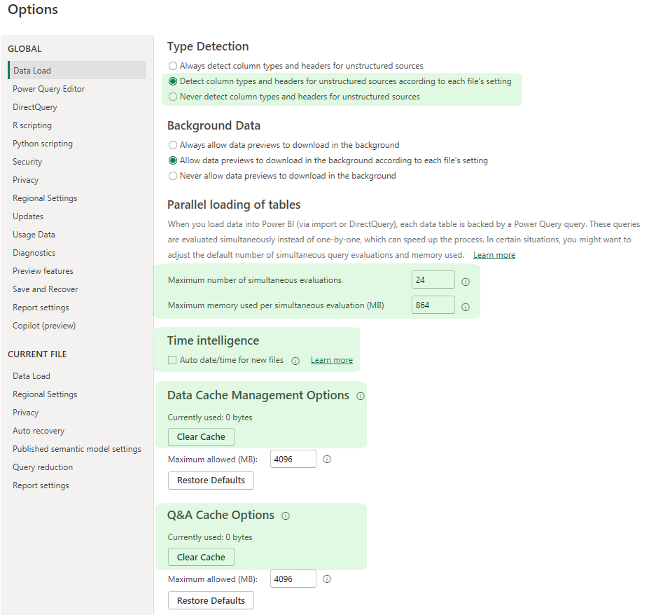 Power BI-Optionsmenü mit Einstellungen für Datenladen, Cache-Verwaltung und Zeitintelligenz mit grün-weißer Benutzeroberfläche.