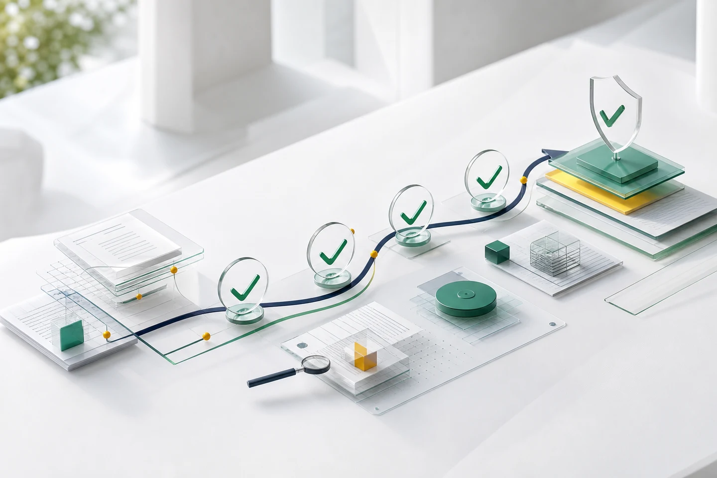 Controlled quality workflow moving through review checkpoints toward an approved outcome
