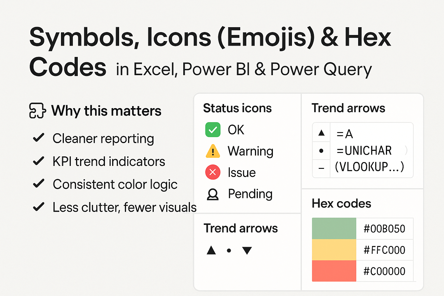 Es werden Symbole, Icons und Hex-Codes für Excel und Power BI angezeigt. Dazu gehören Status-Icons, Trendpfeile und Hex-Codes mit Farben.
