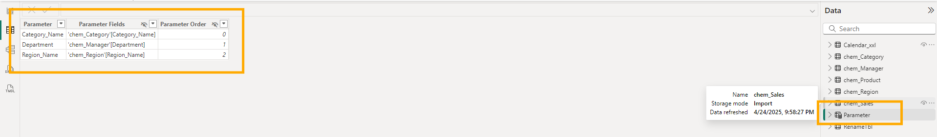 Tabelle mit Parametern in einer Softwareoberfläche. Enthält Kategoriename, Abteilung und Regionsname. Die Seitenleiste zeigt Datenoptionen. Cursor auf chem_Sales.