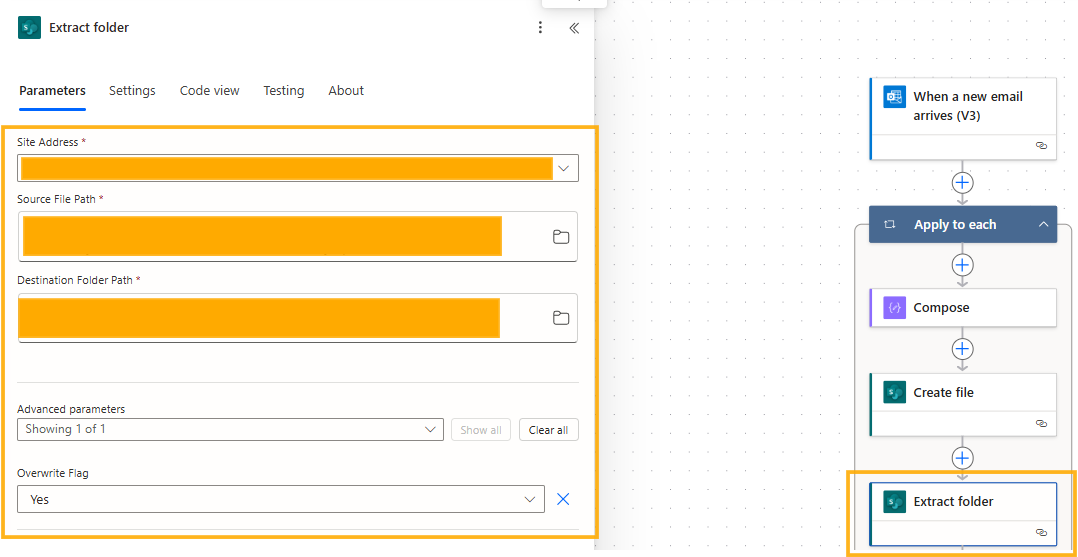 Flussdiagramm mit den Schritten der E-Mail-Verarbeitung: Beginnen Sie mit „Wenn eine neue E-Mail eintrifft“, dann „Verfassen“, „Datei erstellen“ und „Ordner extrahieren“. Orange Akzente.