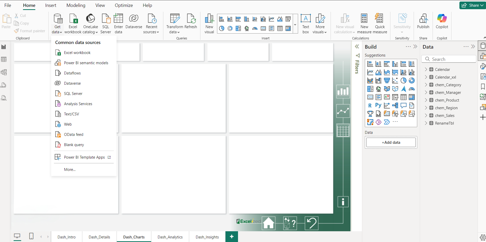 Die Power BI-Oberfläche zeigt ein Datenmenü mit Optionen wie Excel und SQL Server. Auf der rechten Seite sind Symbole für Diagramme und Visualisierungen sichtbar.