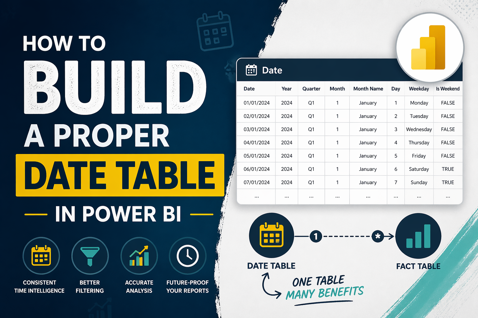 Wie man in Power BI eine Datumstabelle erstellt – mit anschaulichen Grafiken, einer Beispiel-Datumstabelle und Vorteilen wie Konsistenz und Genauigkeit.
