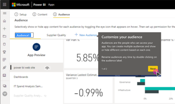 Power BI-Oberfläche mit einem Popup zur Zielgruppenanpassung. Die App-Vorschau zeigt Diagramme und Statistiken. Die Schaltfläche „Weiter“ ist hervorgehoben.