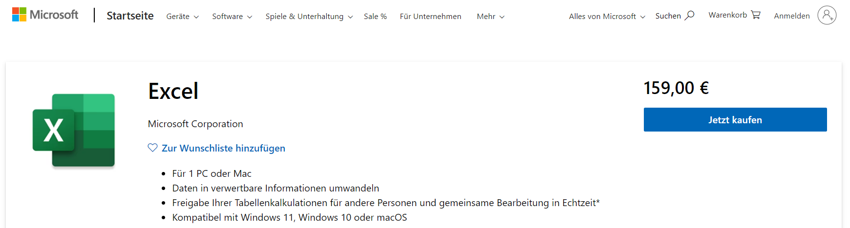 Microsoft Excel purchase page; Excel logo, price 159,00 €, "Jetzt kaufen" button, features listed. White background, blue accents.
