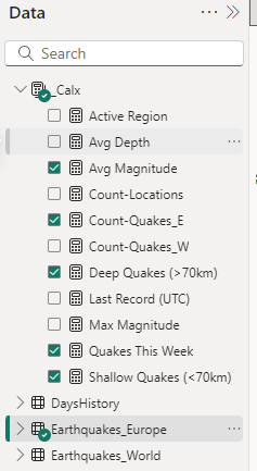 Data menu showing folders: Calx, DaysHistory, Earthquakes_Europe, Earthquakes_World. Various checked options like Avg Depth, Count-Quakes_E, Shallow Quakes (<70km).