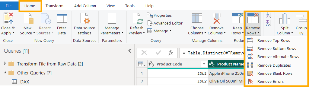 Microsoft-Power-BI-Benutzeroberfläche zeigt Tabellenbearbeitung an. Menüleiste mit Optionen zum Entfernen von Zeilen. Farben: Blau, Orange. Tabellenansicht.