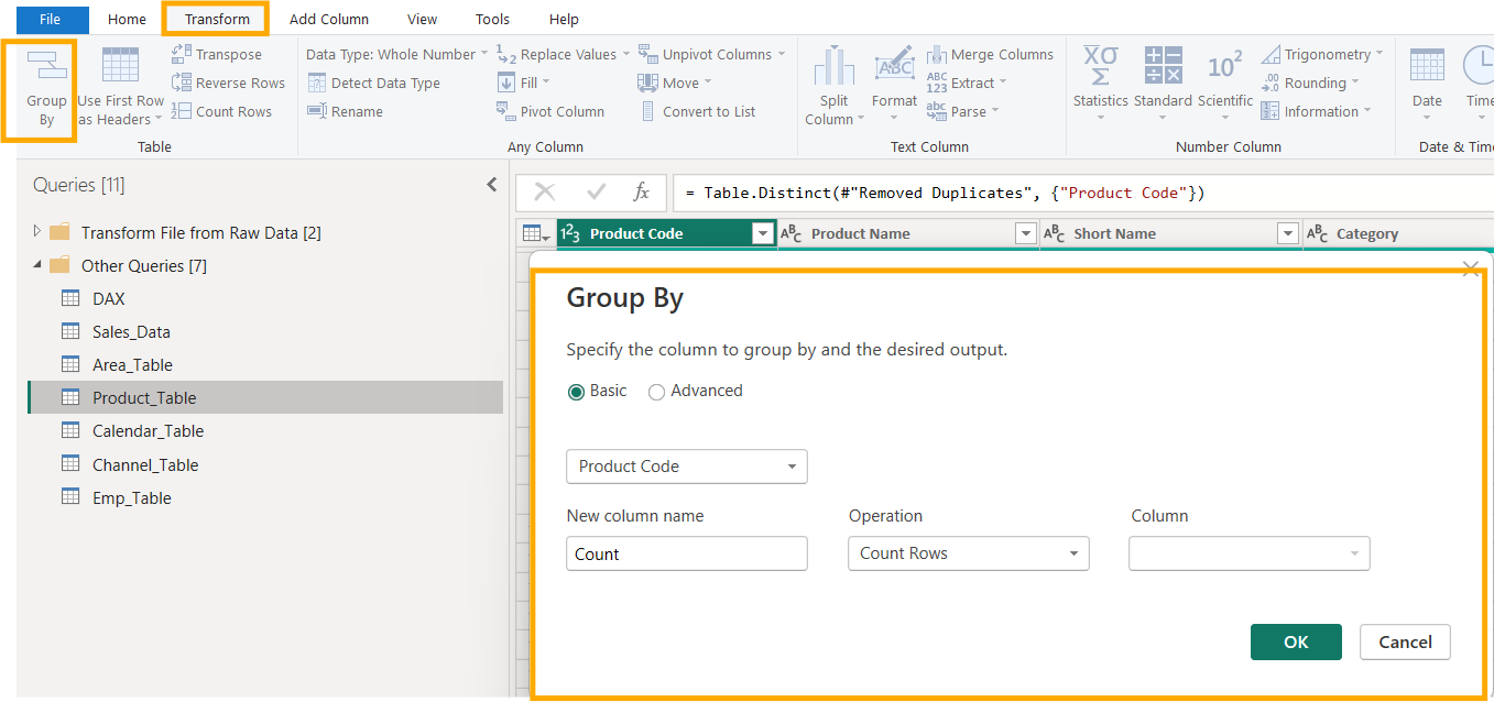 Power BI-Oberfläche mit aktiver "Group By"-Funktion. Dropdown-Menüs zur Spaltenauswahl. Optionen für Basis oder erweitert.