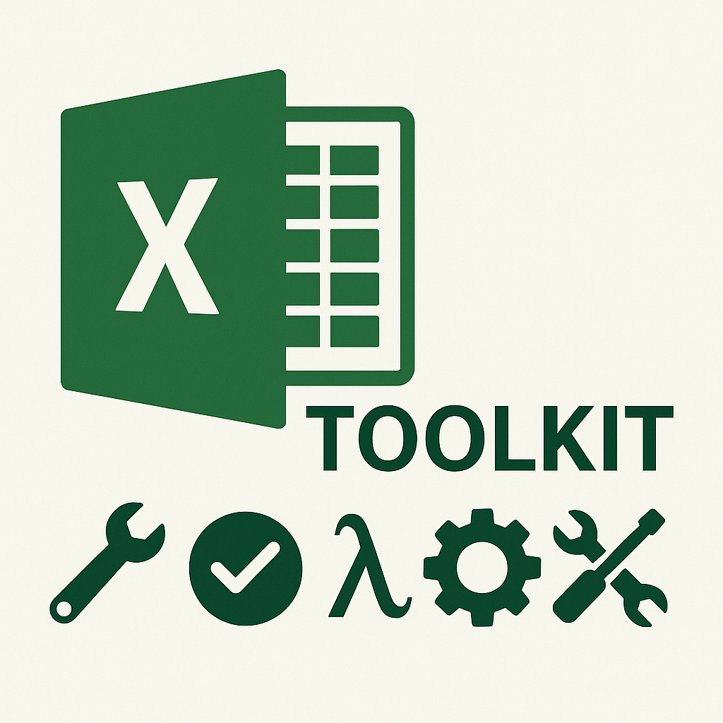 Grünes Excel-Symbol neben "TOOLKIT" mit Werkzeug-Icons: Schraubenschlüssel, Haken, Zahnrad. Heller Hintergrund.