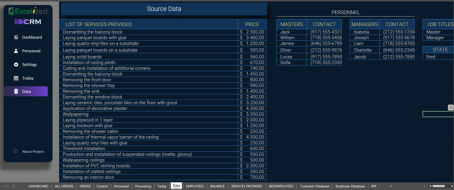 CRM dashboard with services list and prices on the left, including tasks like "Laying parquet boards with glue." Right shows personnel contacts.