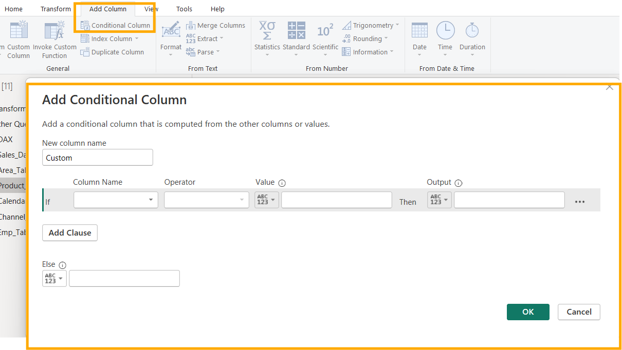 Power BI-Bildschirm „Add Conditional Column” mit Formularfeldern zur Eingabe von Bedingungen. Menüleiste oben zeigt Optionen.