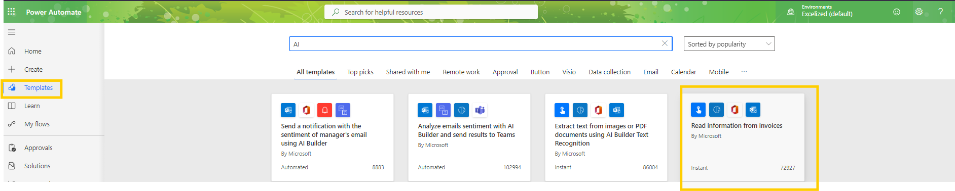 Power Automate interface with "Templates" highlighted. Search for AI templates, with several showing actions like reading invoices. Green header.