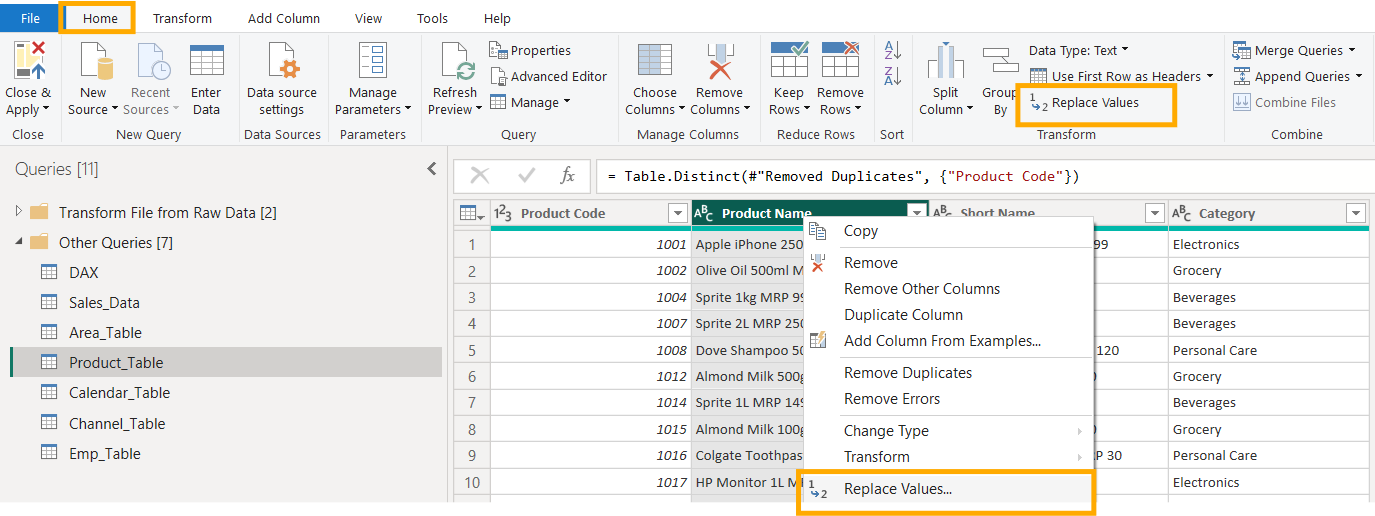 Power Query-Fenster mit Tabellenansicht. Menü zeigt "Replace Values"-Option. Spalten: Product Code, Name, Category. Helles Interface.