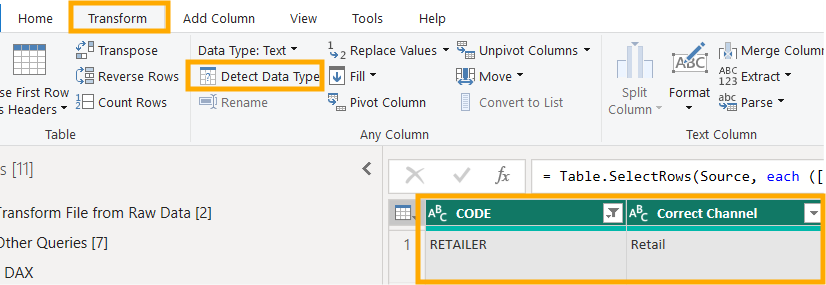 Excel-Menü mit hervorgehobenen gelben Schaltflächen: Transform, Detect Data Type. Tabelle darunter zeigt Spalten CODE und Correct Channel.