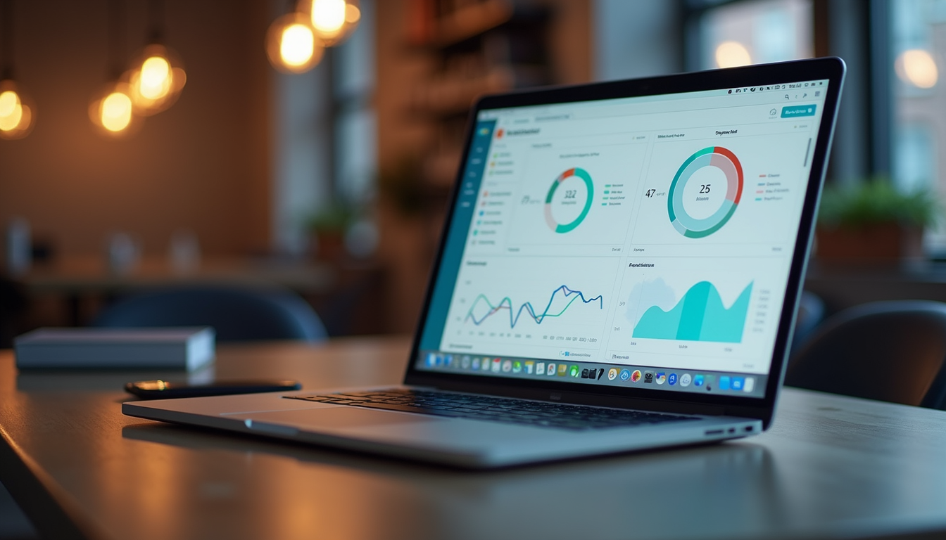 Weitwinkelansicht eines Laptops mit Power BI-Dashboard