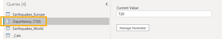 Interface showing a list of queries with "DaysHistory (720)" highlighted in orange. A field displays "Current Value" with 720 entered.