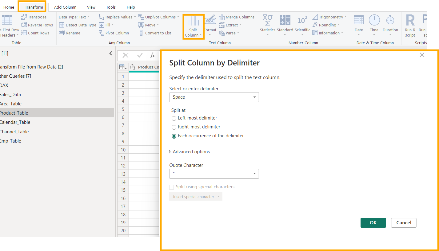 Ein Computerbildschirm zeigt Power BI mit der Funktion "Spalte nach Trennzeichen teilen". Menüs mit Optionen im Vordergrund.