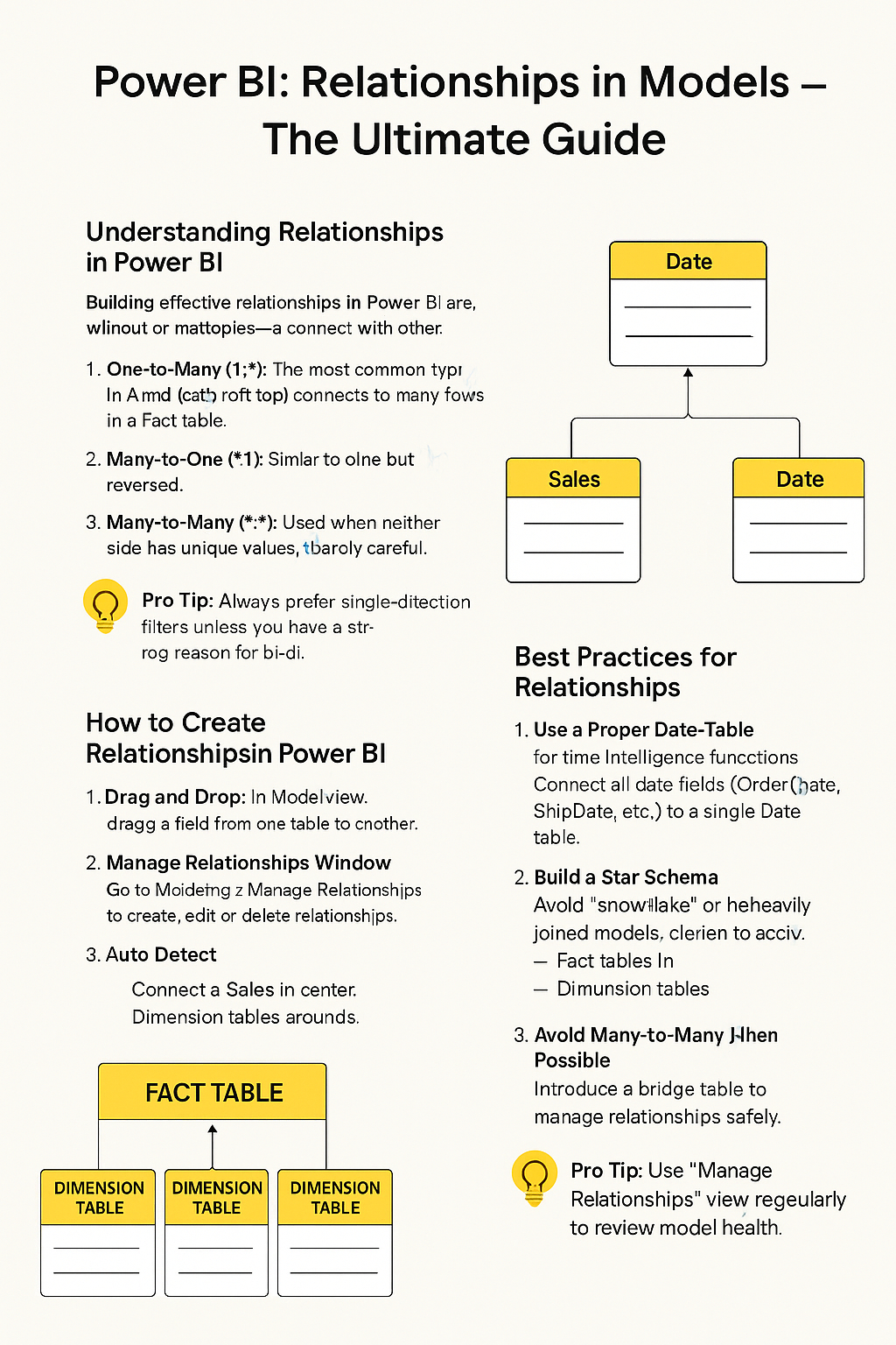 Power BI-Leitfaden zu Beziehungen. Erklärt Eins-zu-Viele-, Viele-zu-Eins- und Viele-zu-Viele-Beziehungen. Enthält Diagramme, Best Practices und Profi-Tipps.