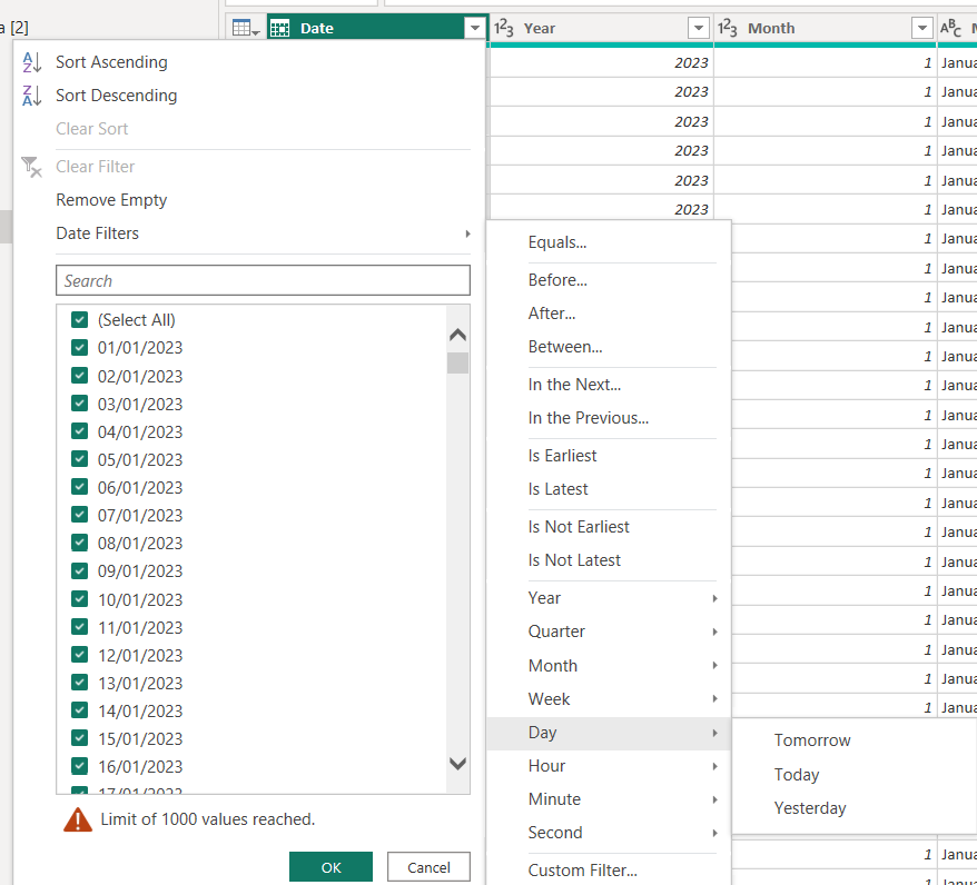 Excel-Tabelle mit Datumssortierung. Menü zeigt Optionen für Datumsauswahl und Filter. Warnung: "Limit of 1000 values reached." Schlichte Ästhetik.